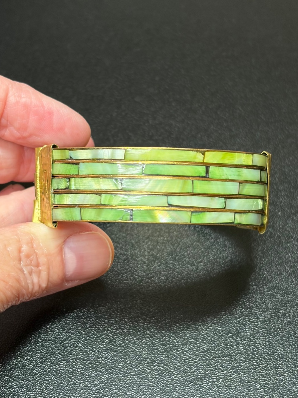 Vintage Brass Green Mother of Pearl Inlay 5-Row Cuff Bracelet Hinged Clasp